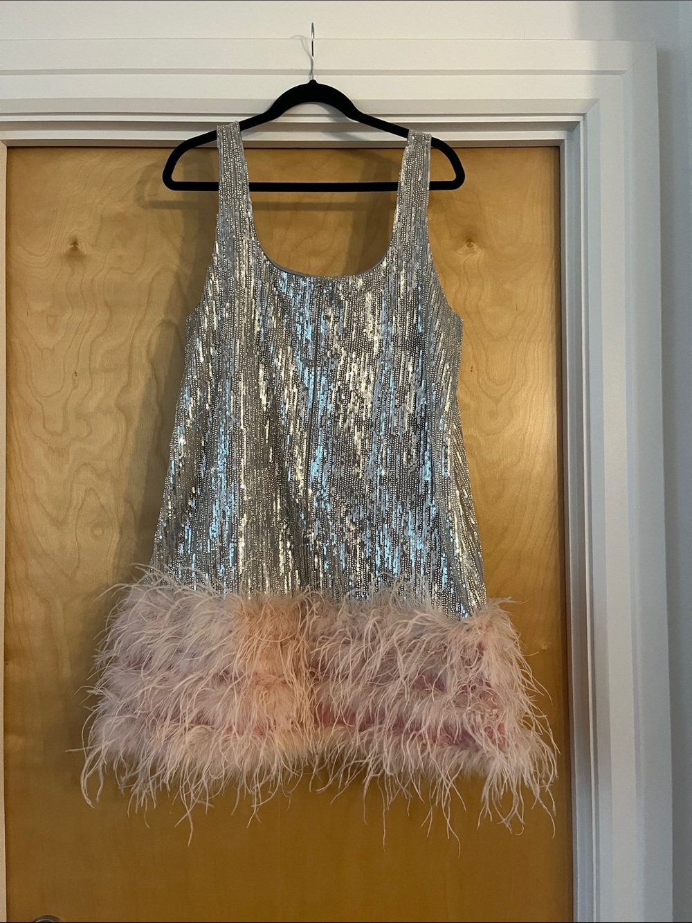 Aqua Silver Sequin Mini Dress with Pink Feather Hem - Picture 3 of 3
